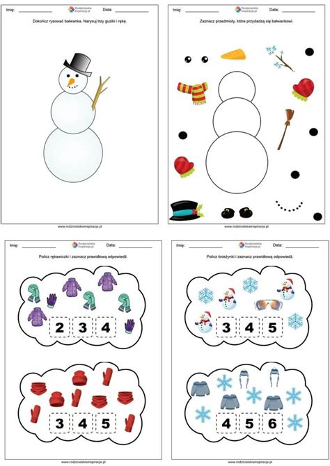 Zima karty pracy dla przedszkolaków do druku Materiały w PDF do