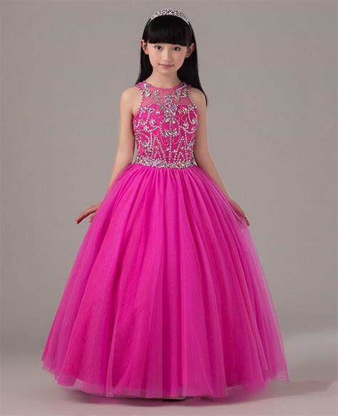 Hot Pink Beaded Pageant Dress For Little Girls Full Skirt