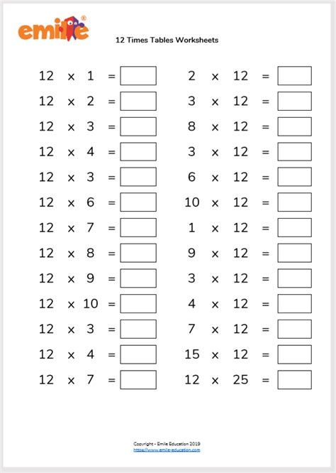 12 Times Table Worksheet Printable