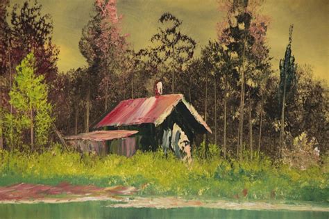 Bill Alexander Oil Painting Of Lakeside Cabin Late 20th Century Ebth