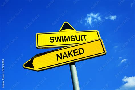 Plakat Swimsuit Vs Naked Traffic Sign With Two Options Appeal To