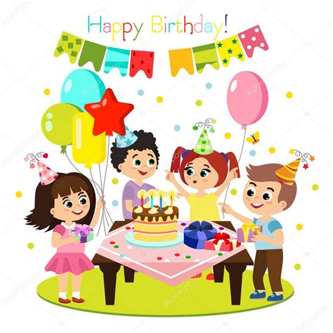 Vector Illustration Of Kids Birthday Party Colorful And Bright