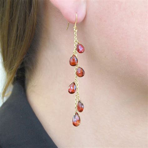 18 K Solid Gold Garnet January Birthstone Drop Earrings By Embers