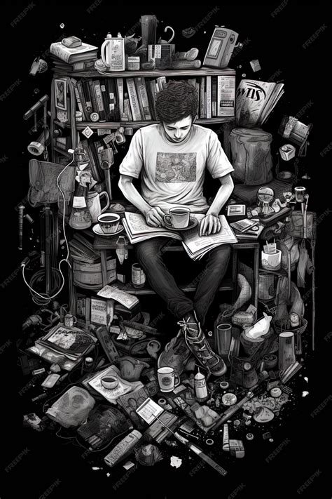 Premium Ai Image A Man Sits In A Cluttered Room With A Book On His Lap