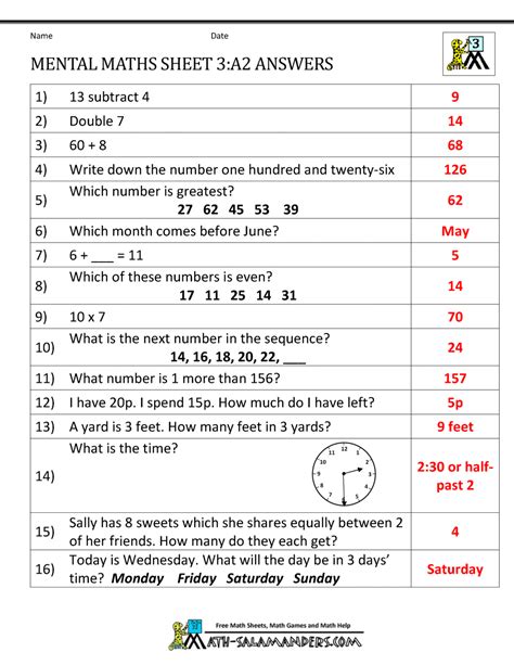 3rd Grade Mental Math Worksheets