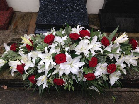 Funeral Flowers Deep Red Roses And White Lily Funeral Coffin Spray