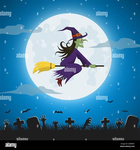 Witch Flying On A Magic Broomstick Against The Full Moon Over Graveyard