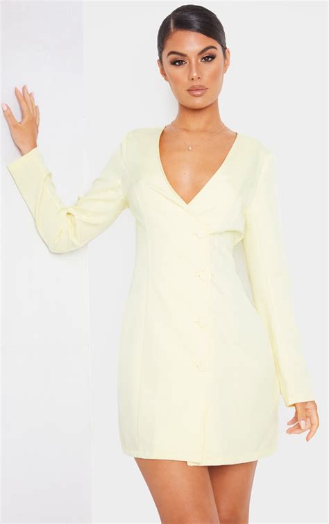 Lemon Long Sleeve Covered Button Blazer Dress Prettylittlething Aus