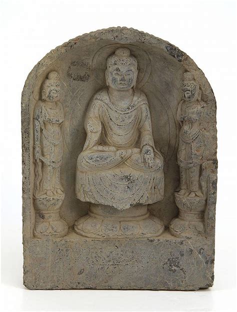 Lot Stone Stele Depicting Buddha Enthroned On A Lotus Base With Two