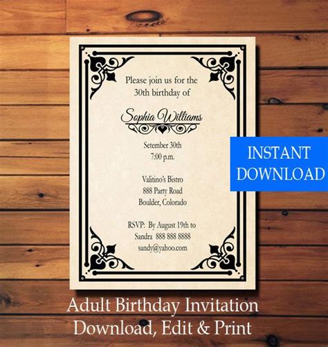 printable adult birthday invitation template retro vintage