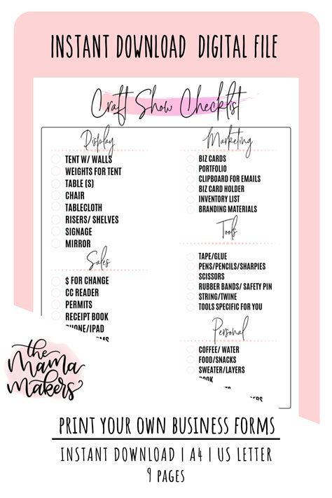 Craft Show Checklist Printable Instant Download Digital | Etsy