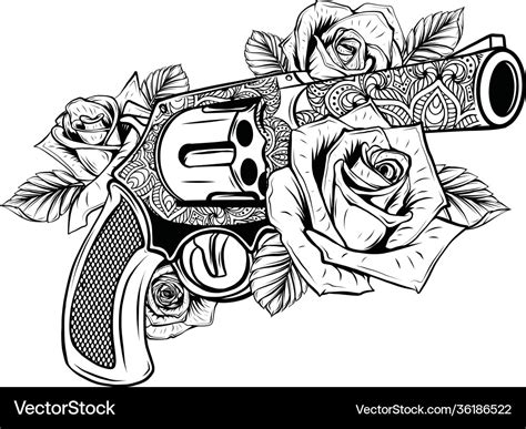 Guns And Rose Flowers Drawn In Tattoo Style Vector Image