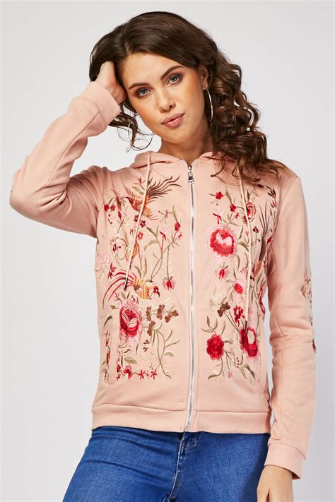 Embroidered Flower Zip Up Hoodie Just 7