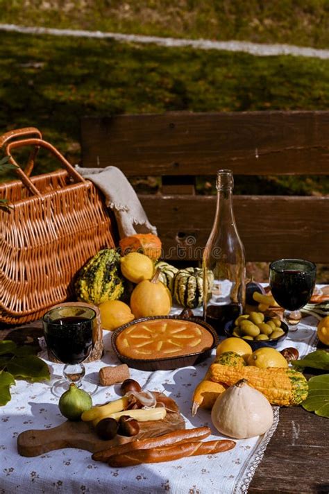 Autumn Picnic Table Prepared For Lunch In Autumn Nature Picnic