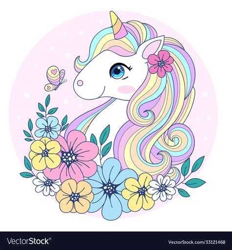 Cute Unicorn With Surrounded Flowers And Vector Image
