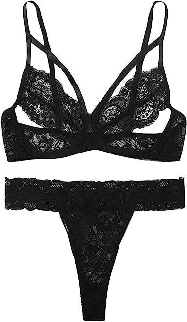 Womens Sheer Lace Mesh Lingerie Set Sexy Cut Out Strappy