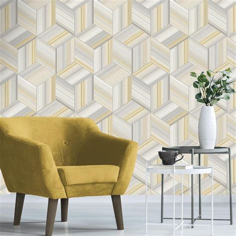 Hudson Yellow And Grey 3d Geometric Cube Wallpaper Lancashire