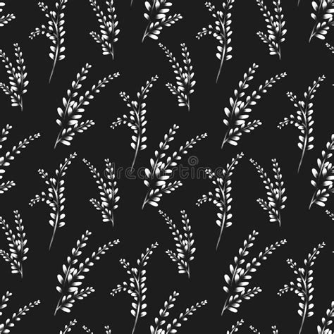 Seamless Pattern With Black And White Drawn Branches On A Dark