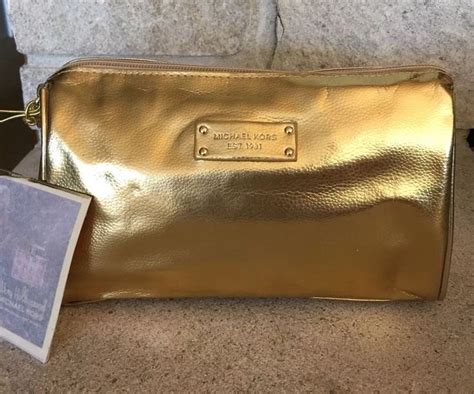 Michael Kors Gold Metallic Zippered Cosmetic Bag Make Up Clutch Travel