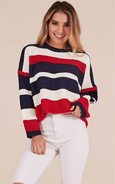 Dream In Colour Knit Sweater In Red And Navy Stripe Stripe Outfits