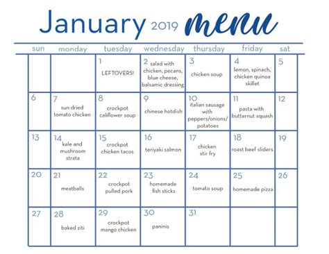 Free Monthly Meal Planning Calendars January The Chirping Moms Easy