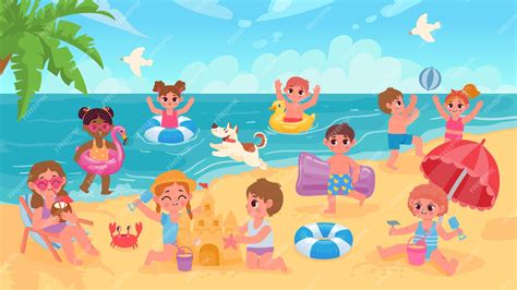 Premium Vector Summer Beach Landscape With Kids Swimming And Playing