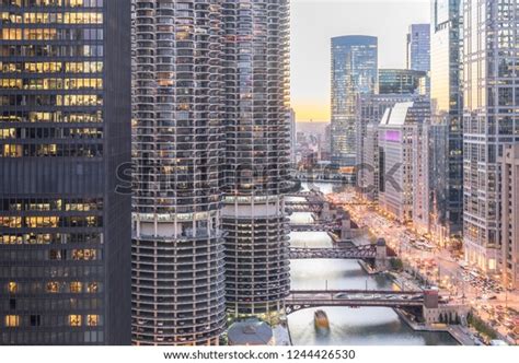 Aerial View Skyline Along Chicago River Stock Photo 1244426530