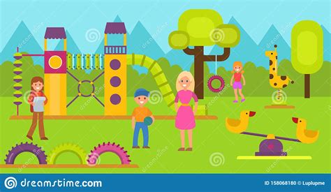 Happy Kids On Children Playground Vector Illustration Teen Boy And