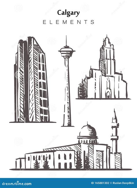 Set Of Hand Drawn Calgary Buildings Elements Sketch Stock Illustration
