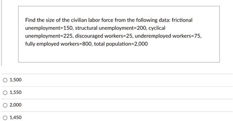 Solved Find The Size Of The Civilian Labor Force From The Following Data Frictional