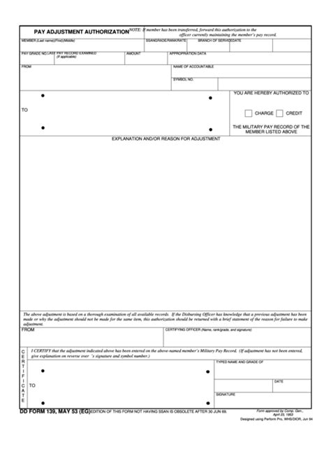 Pay Adjustment Authorization Dd Form 139 Printable Pdf Download