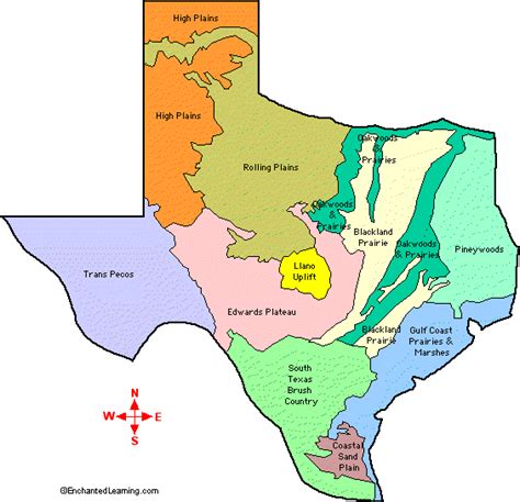 Natural Features Of Texas Outline Map Labeled Color