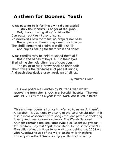 Gcse English Literature Poetry Anthem For Doomed Youth Wilfred Owen