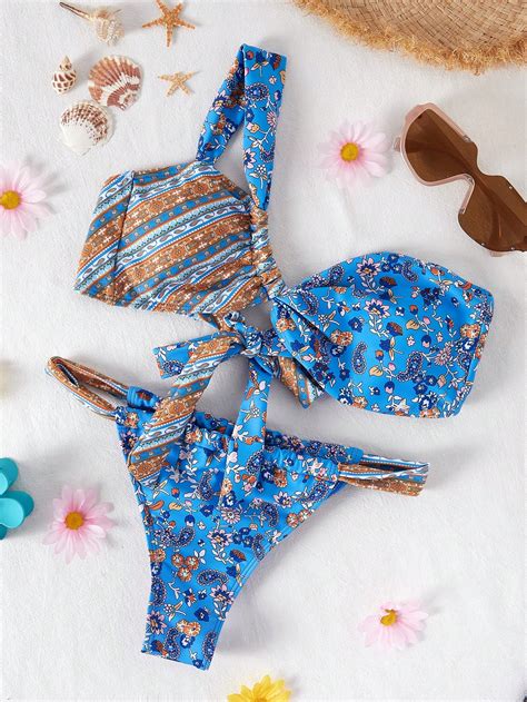 bikinx paisley and floral print one shoulder bikini swimsuit shein usa
