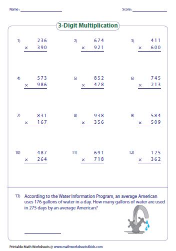 Multiplying 3 Digit Numbers Worksheet