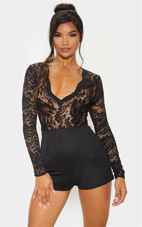 Black Lace Long Sleeve Plunge Playsuit Prettylittlething