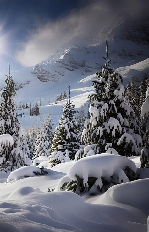 Cypress Christmas Pine Trees On A Snow Covered Mountain Stock