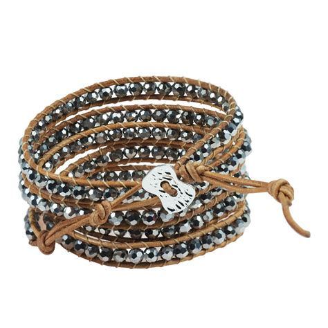 Trendy Gemstone And Crystal Nude Leather Five Wrap Bracelet
