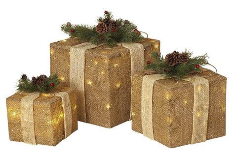 Set Of 3 Large Lighted Burlap Holiday T Boxes Indooroutdoor