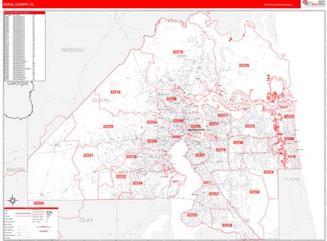 Duval County Fl Zip Code Wall Map Red Line Style By