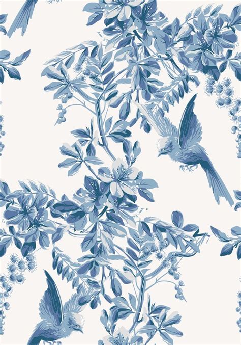 Antique French Wallpaper Vintage Blue Flowers And Birds Etsy Blue