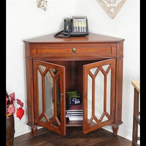 32 Mahogany Veneer Wood Mirrored Glass Corner Cabinet With A Drawer