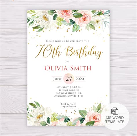 Blush Flowers And Gold 70th Birthday Invitation Template
