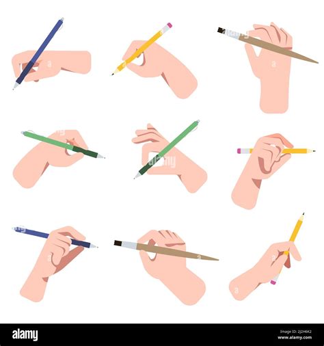 Hands Holding Pens Pencils And Brushes Vector Illustrations Set Arms