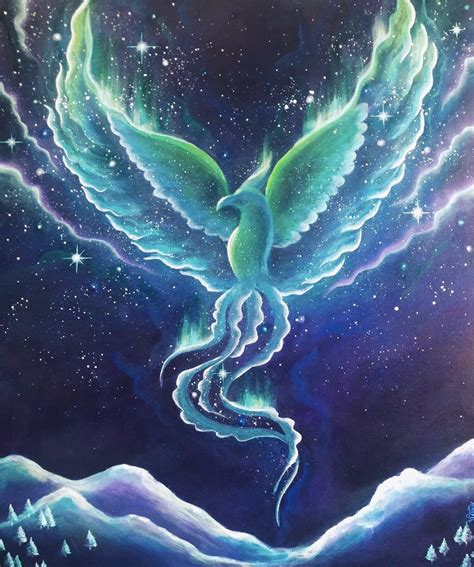 Phoenix Rising Surreal Northern Lights Painting Fantasy Green Fire Bird