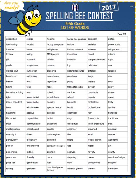 5o Y 3er Grado Inglés Lista De Palabras Spelling Bee Quinto Grado
