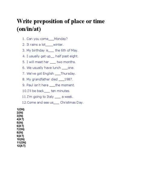 Write Preposition Of Place Or Time Pdf Verb Syntactic Relationships