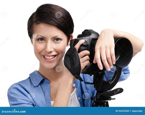 Woman Photographer Takes Shots Stock Image Image Of Attractive