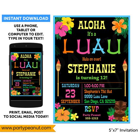Hawaiian Luau Party Invitation Luau Party Printable Party Peanut