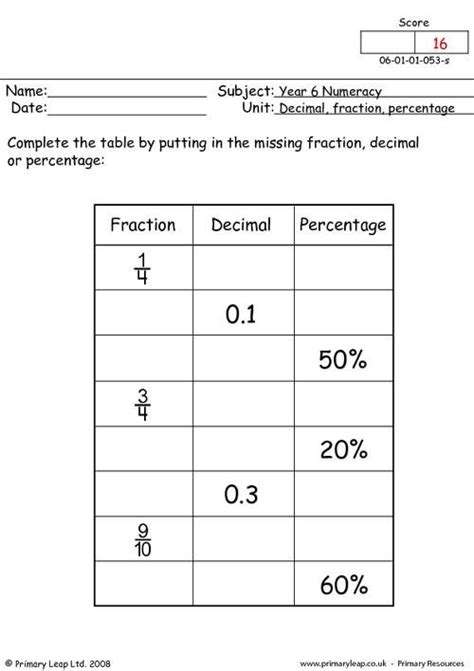 Uk Decimal Fraction And Percentage Worksheet
